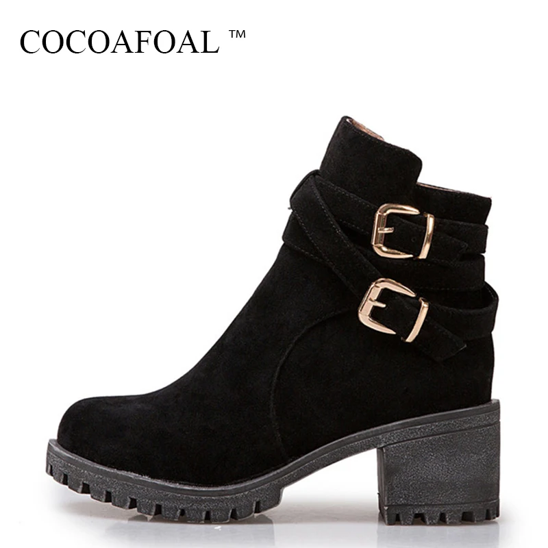 

COCOAFOAL Woman Winter Buckle Chelsea Boots Black Round Toe Martin Boots Plus Size 43 Fashion Sexy Red High Heeled Shoes 2018