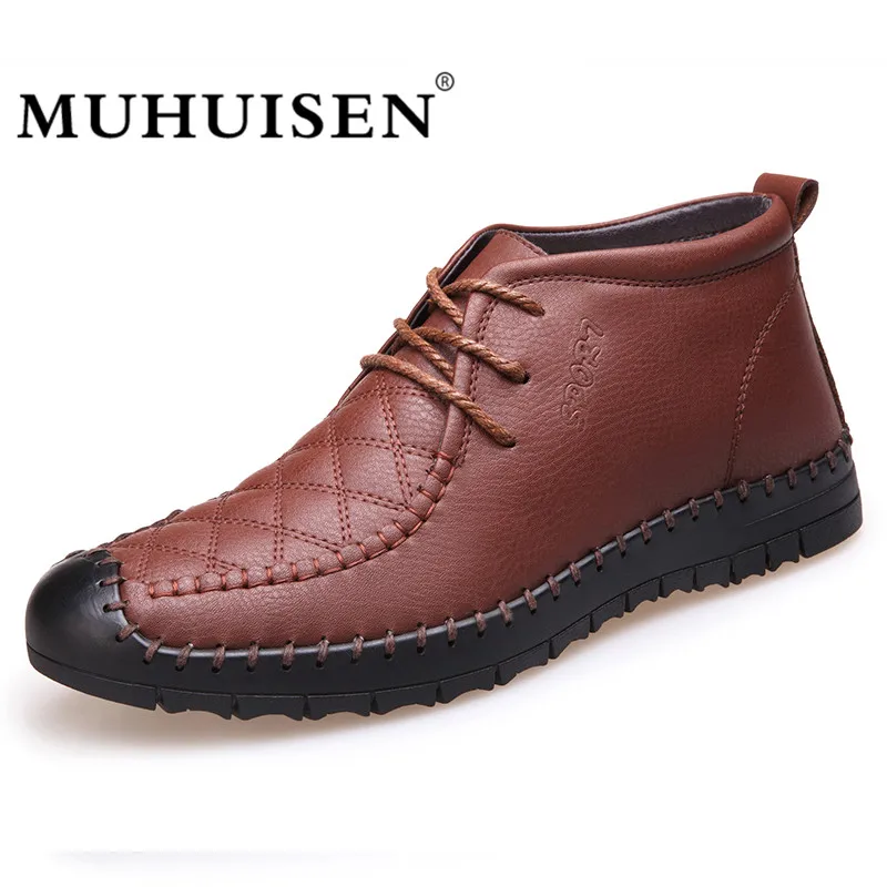 

MUHUISEN Men Ankle Boots High Quality Winter Soft Leather Snow Boots Vintage Warm Fur Casual Shoes Male Shoes Flats