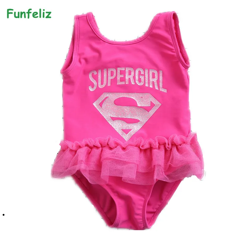 

Funfeliz Children swimwear Pink Supergirl one piece swimsuit with skirt girls swim wear Kids Beachwear Girl Bathing Suit