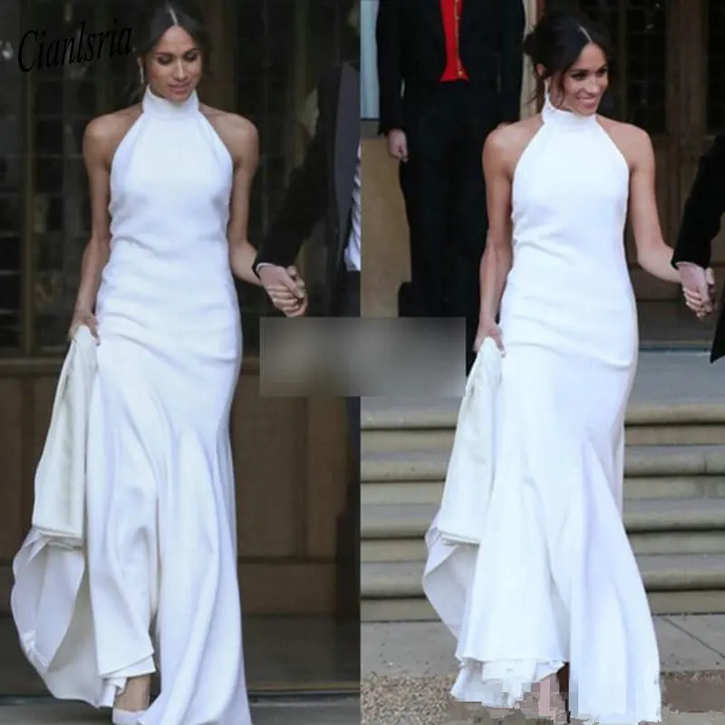 

Elegant White Mermaid Wedding Dresses 2019 Prince Harry Meghan Markle Wedding party Gowns Halter Soft Satin Wedding Recept Dress