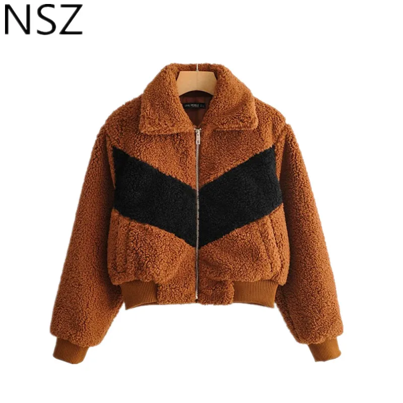 

NSZ Women Faux Fur Teddy Coat Polar Bear Fleece Warm Soft Oversized Jacket Female Plush Cropped Coat Patchwork Zipper Outwear