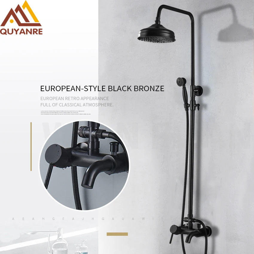 

Quyanre Black Shower Faucets Set 8" Brass Rainfall Shower Head Tub Spout Bath Shower Wall Mounted Black Copper Tub Spout Shower