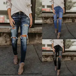 Для женщин Высота талией тощий отверстие рваные Тонкий джинсы из денима, тянущиеся узкие брюки до середины икры длина джинсы для Z402