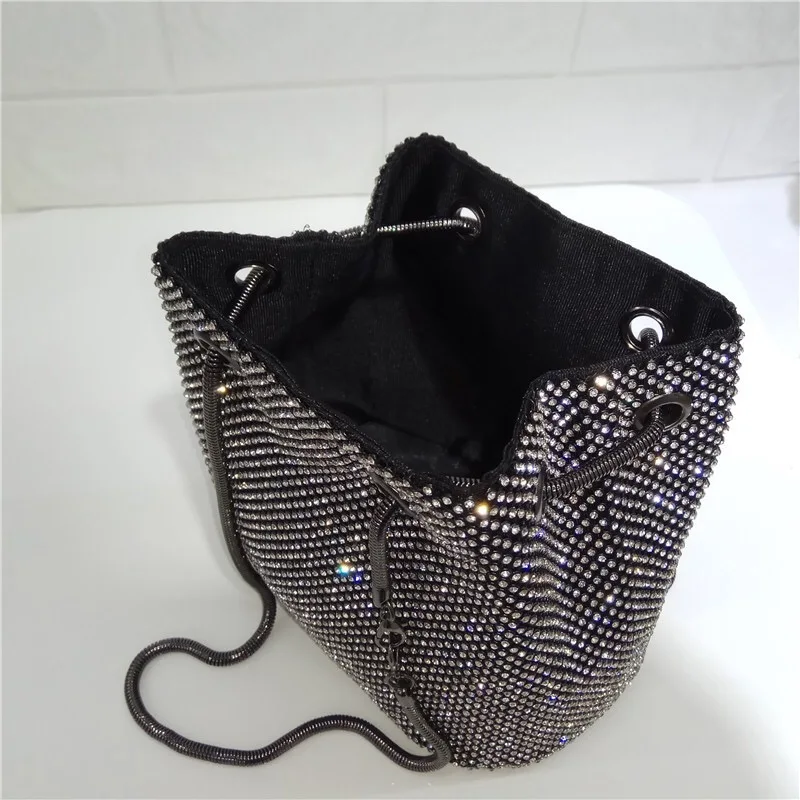 2019 New Black and Silver Super Flash Rhinestone Chain Bag Bucket Bag Women Purses and Handbags
