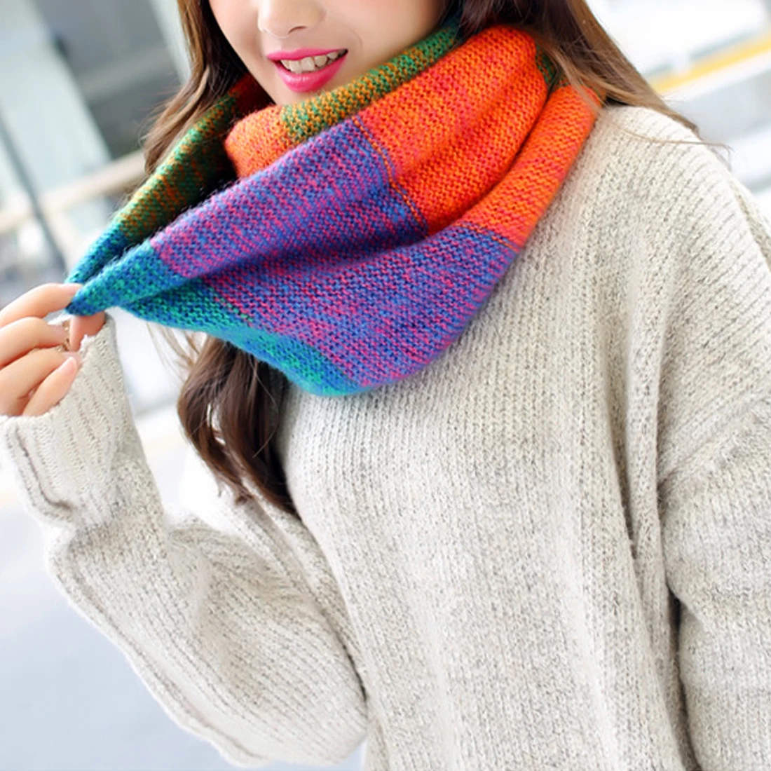 

Spring Autumn Knitted Wool Neck Cowl Cozy Scarf for Ladies Color Matching Knitted Wool Scarfs Mixed Color Striped Warm Scarf
