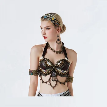 

2019 New Arrival Women Bellydance Coin Bra Handmade Vintage ATS Top With Shell Adjustable Strap Competition Bractising Bra