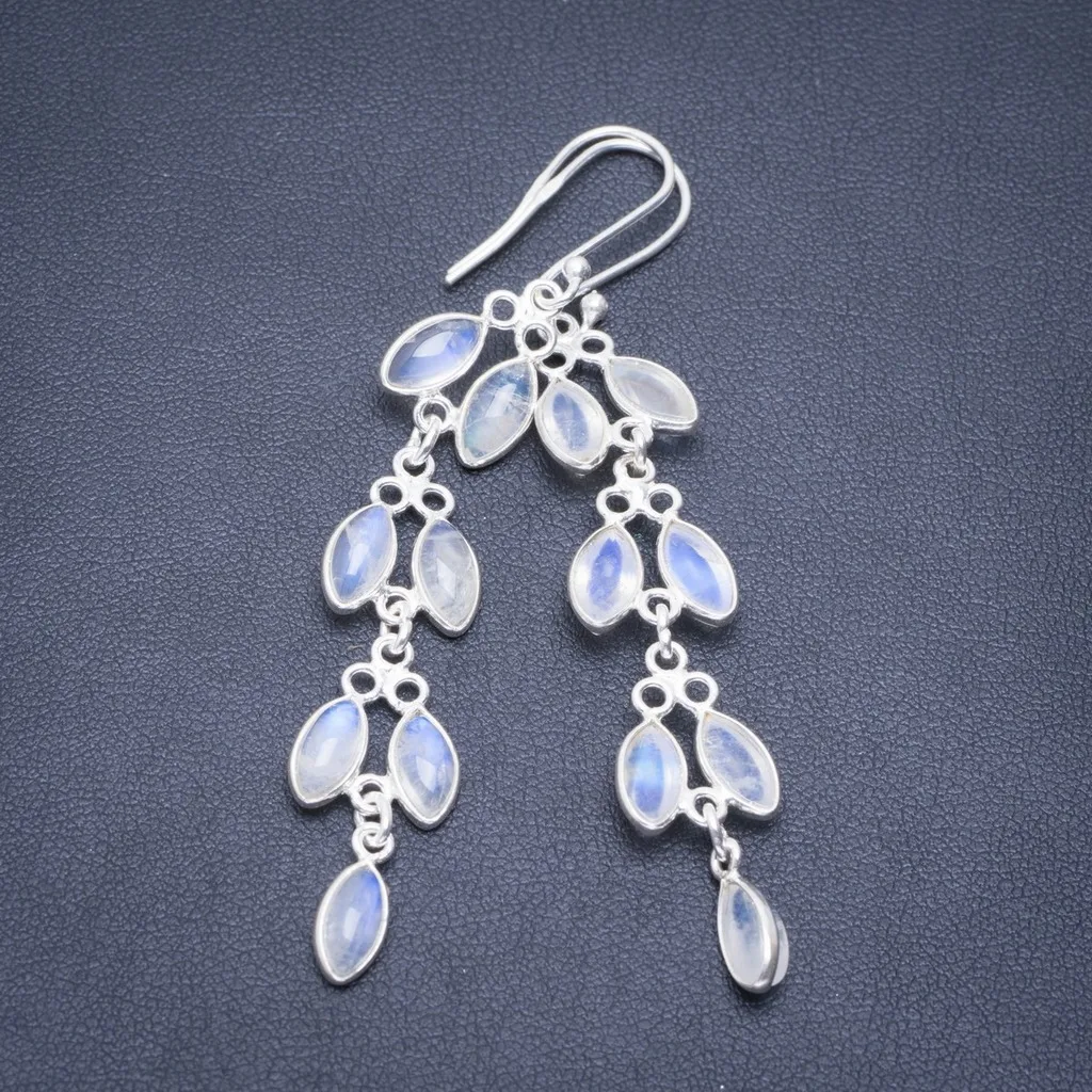 

Natural Rainbow Moonstone Handmade Unique 925 Sterling Silver Earrings 2.75" A2172
