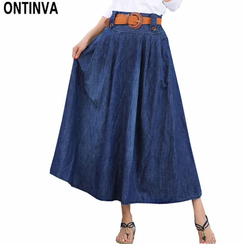 Винтажные длинные плиссированные джинсовые юбки с эластичной резинкой на талии для девочек, женские юбки с высокой талией в Корейском стиле, модные женские юбки размера плюс 6XL