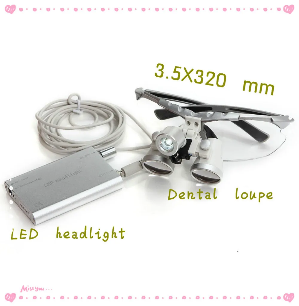 

Silver Color portable Dentist Surgical Binocular Dental Loupe 3.5X 320mm Optical Glass Loupe and LED headlight lamp