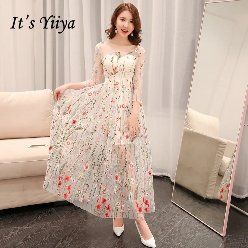 

It's Yiiya Champagne Three Quater Sleeve Floral Print Lace Up A-line Evening Dresses Backless Floor Length Prom Dress LX188