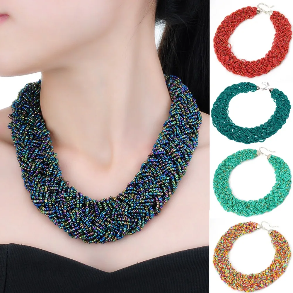 

12 Colors Hot Sale Good Pirce Fast Shipment Trendy Handmade Colorized Bead Cluster Knit Braid Twist Hotsell Chunky Necklace
