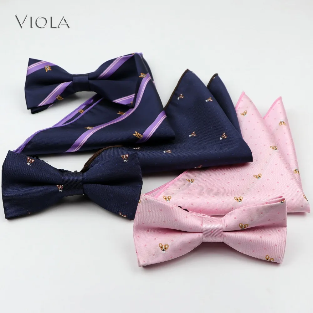 Lovely Corgi Teddy Doggy Jacquard Bowtie Set Men Hankie Butterfly Business Bow Tie Handkerchief Pocket Square Accessory Gift