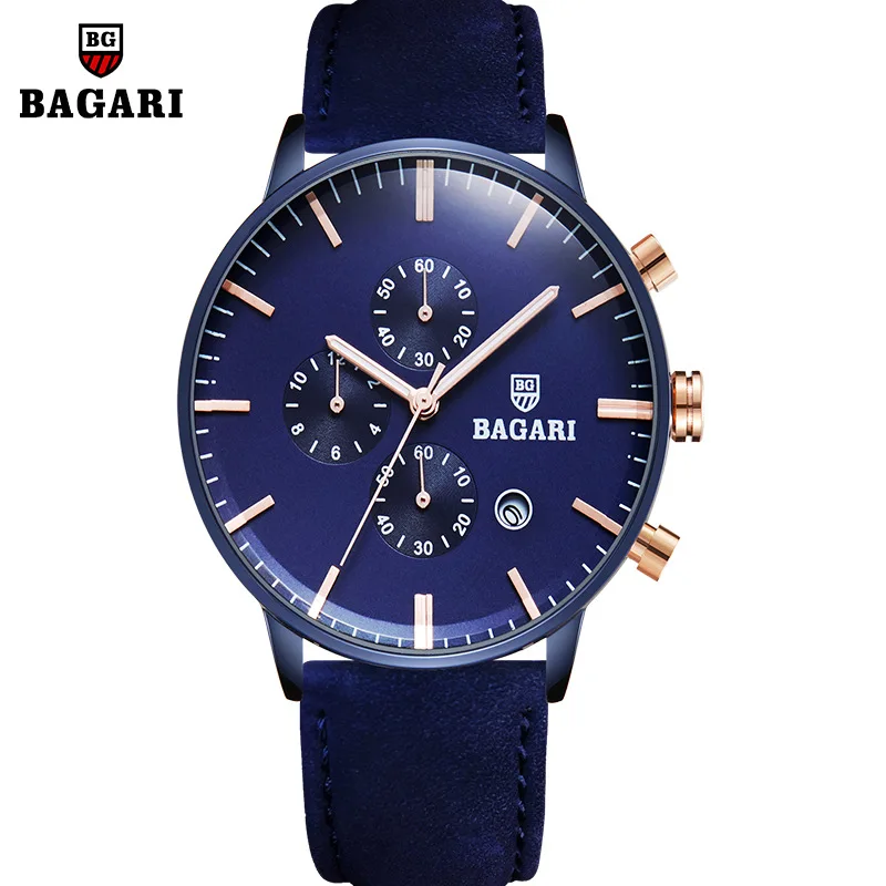 

BAGARI Original Mens Watches Luxury Brand Waterproof Men's Business Casual Leather Dress Calender Hour Clock Relogio Masculino