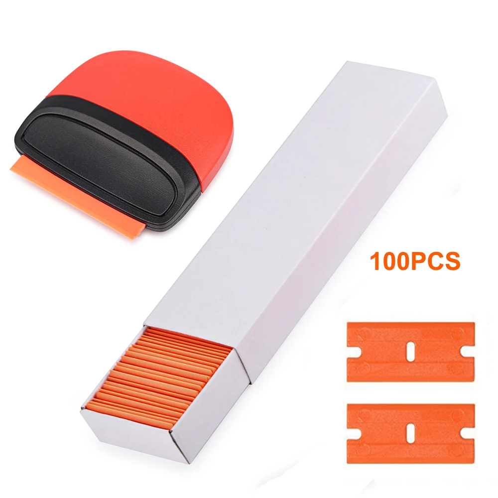 

FOSHIO 100pcs Plastic Razor Blade+Carbon Fiber Sticker Remover Razor Scraper Vinyl Film Wrap Window Tint Tools Clean Squeegee
