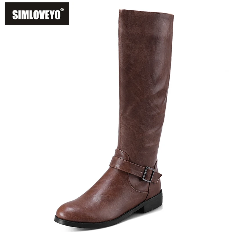 

SIMLOVEYO Winter Mid-Calf Boots Woman Pu Low Heels Zipper Metal Buckle Boot Solid Shoes Slim Velvet Zapatos B098
