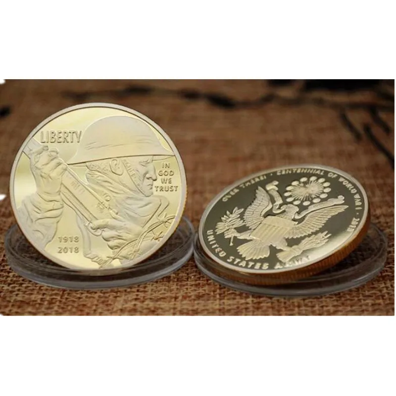 50 pcs USA soldier hero coins gold plated 100th anniversary world war 1 badge 40 mm collectible souvenir decoration coin