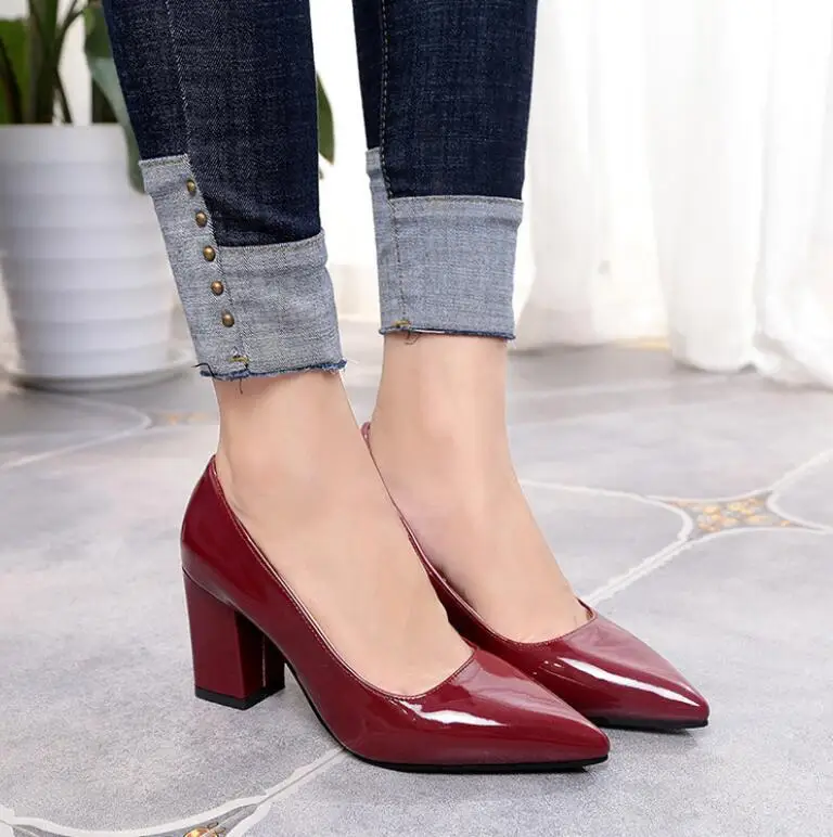 

factory Outlet New Women Pumps Black High heels 7.5cm Lady Patent leather Thick with Autumn Pointed Single Shoes Female Sandals