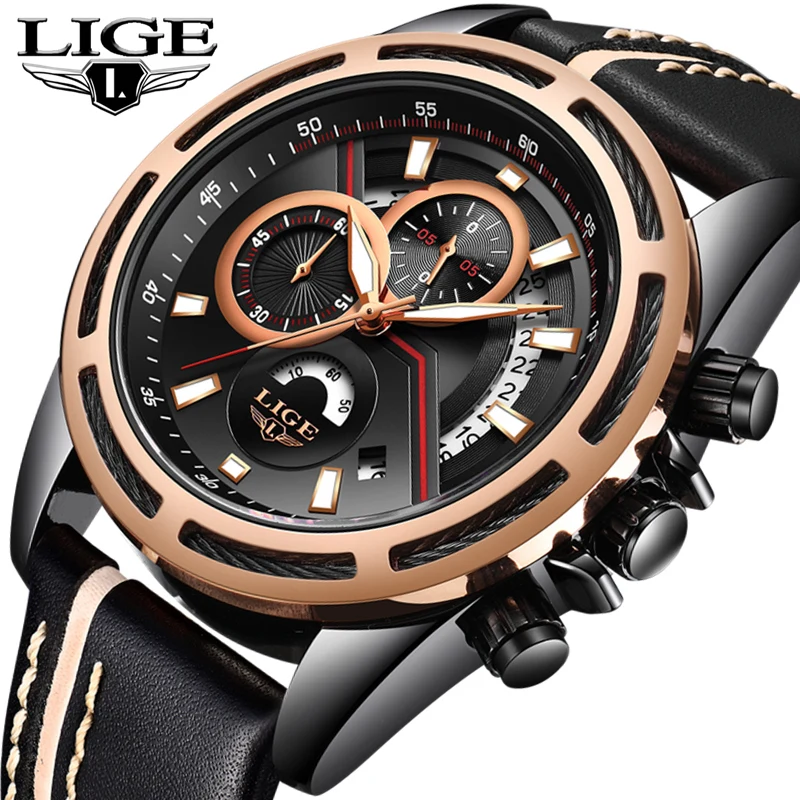 

LIGE Fashion Casual Sport Mens Watches Top Brand Luxury Quartz Watch Men Leather Waterproof Military Watches Relogio Masculino
