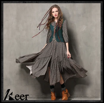 

Sprin Summer Women Vintage Stand Collar Ethnic Embroidery Print FauxTwo Piece Irregular Cotton Casual Bohemian Beach Maix Dress