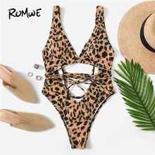 Romwe, спортивный купальник, u-образный вырез сзади, с завязками, Леопардовый, Цельный купальник, женский, летний, сексуальный, пляжная одежда, купальники, монокини