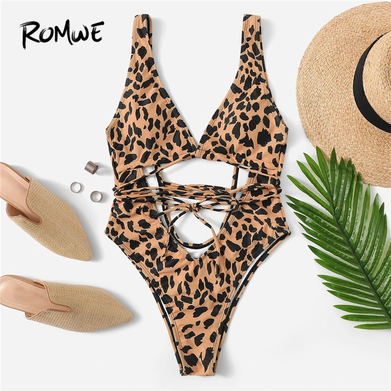 

Romwe Sport Swimwear U Back Cut Out Self Tie Leopard One Piece Swimsuit Women Summer Sexy Beachwear Bathing Suits Monokinis