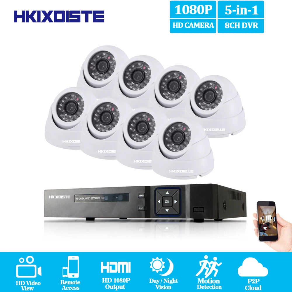 

HKIXDISTE AHD 8CH 1080P DVR 8Pcs 2.0MP 1080P Dome Security Surveillance CCTV Camera System Auto IR-Cut Night Vision 2TB HDD