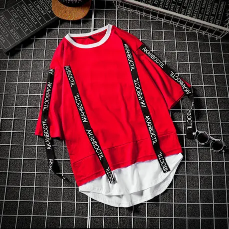 Летняя Стильная мужская футболка в стиле хип-хоп с круглым вырезом с коротким рукавом, Повседневная Уличная одежда с украшением из ленты, мужские футболки ABZ362 - Цвет: red