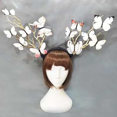 Женские готические ветви дерева рога оленя для волос аксессуары ободок с бабочкой фотография костюм головной убор - Цвет: White Butterflies