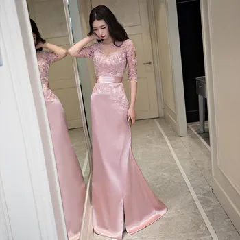 

Holievery Blush Pink Satin Mermaid Bridesmaid Dresses with Half Sleeves 2019 Lace Appliques Wedding Party Dress