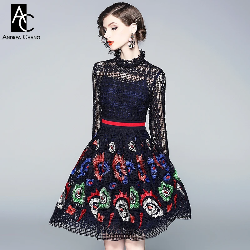 

spring autumn woman dress beige green blue red vintage floral pattern embroidery bottom fashion event black lace dress ball gown