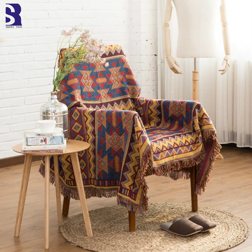 

SunnyRain 1-piece Bohemia Blanket With Tassel Thread Knitted Throw Blankets For Sofa Couch Cover For Armchair