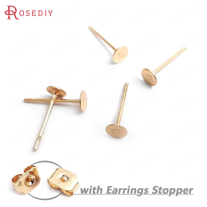

100PCS Stick Size 4MM 24K Champagne Gold Color Flat Round Stud Earring Diy Jewelry Findings Earrings Accessories Wholesale