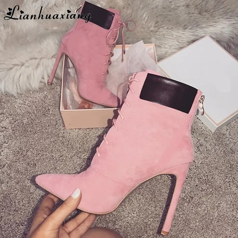 

Winter Boots Women 2019 Lace up Patchwork Female Boot Pink Princess High Heel Boots Women Ankle Zapatos De Mujer Plus Size 42
