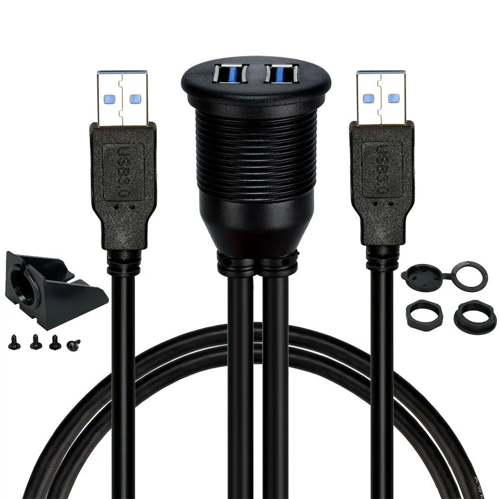 BATIGE-2-Ports-Dual-USB-30-Male-to-USB-30-Female-AUX-Flush-Mount-Car-Mount-Extension-Cable-for-Car-Truck-Boat-Motorcycle-Dashboard-Panel-3ft-3-hires