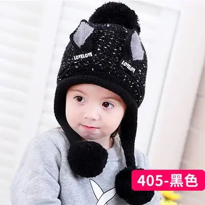 Бархатные шапочки для мальчиков, шерсть с кошачьими ушками, однотонная зимняя вязаная шапка для малышей, детские шапки с ушками для девочек 2-6 лет - Цвет: black