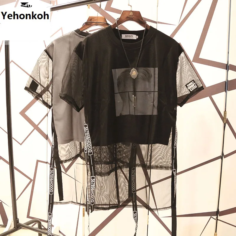 Новая летняя мужская футболка в стиле Харадзюку, топы, короткие и длинные футболки из двух частей с коротким рукавом и сеткой, модная одежда