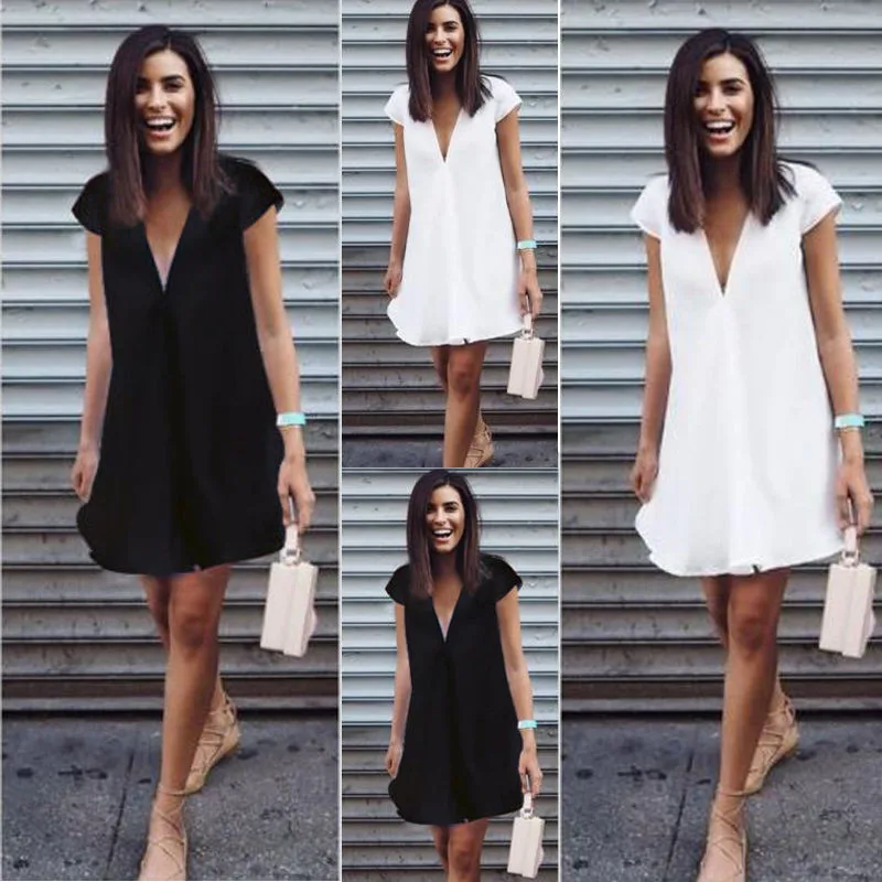 Women Casual Short Sleeve V-Neck Mini Dress 2019 Summer Lady Nigh Wear Loose Short Dresses