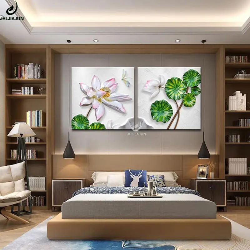 

JHLJIAJUN Lotus Painting Canvas Modern Simple 3D Frame Oil Paintings Home Decor Art Print Lotus Leaf Flower Canvas Painting