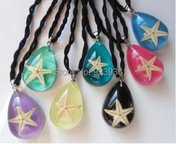 

FREE SHIPPING 7 MAGICAL STARFISH WATER DROP PENDANTS ON STRING NECKLACES SEVEN MIX COLORS