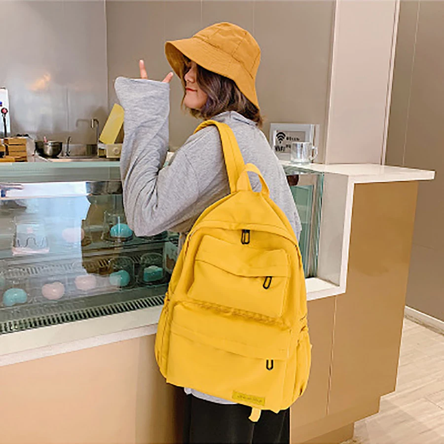 

Casual Double Pocket Backpack For Women Solid Color Canvas Campus Girl Schoolbag Large Capacity Ladies Travel Back Pack New 2019