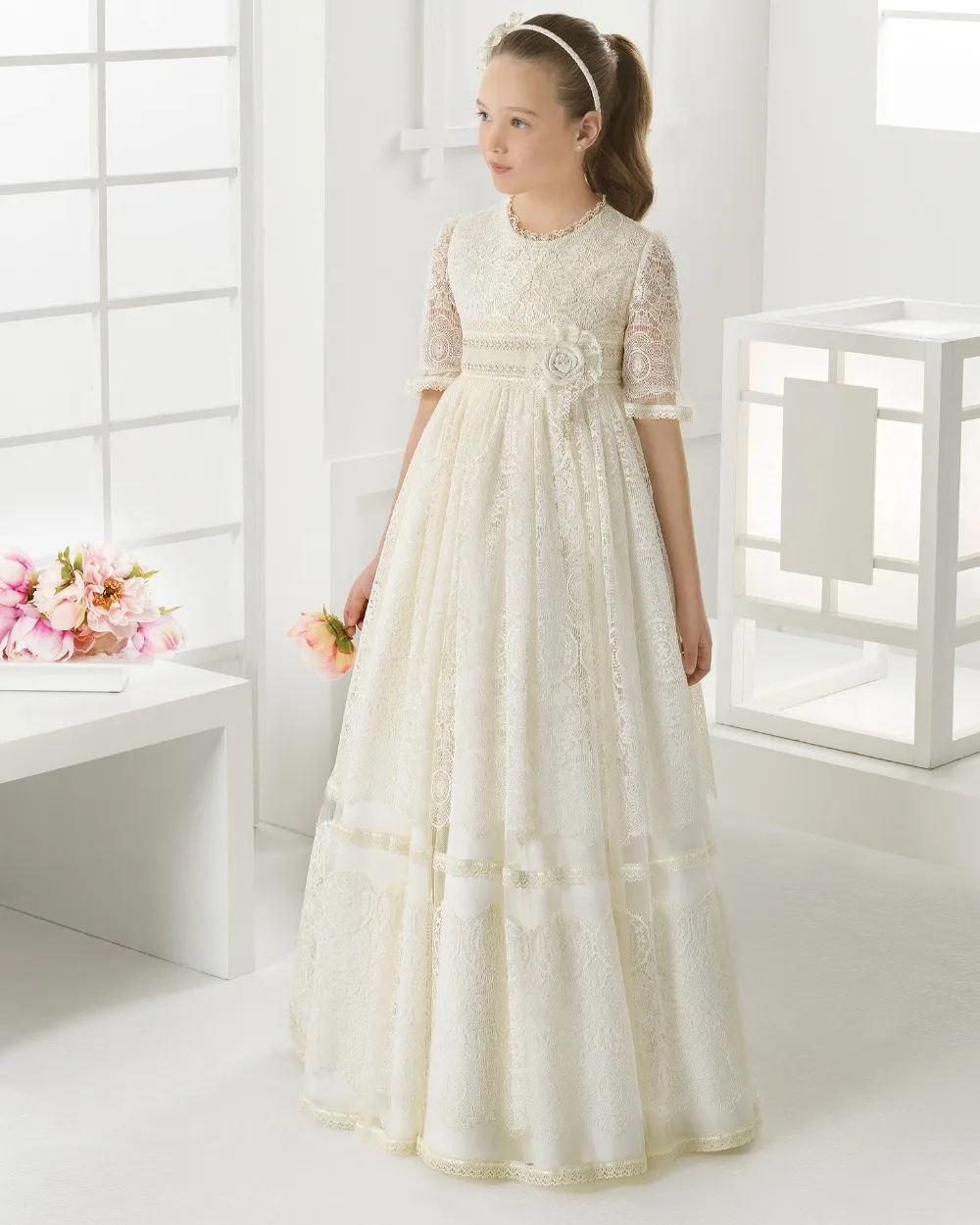 2016 first communion dresses for girls Lace Empire Half Sleeve Flower ...