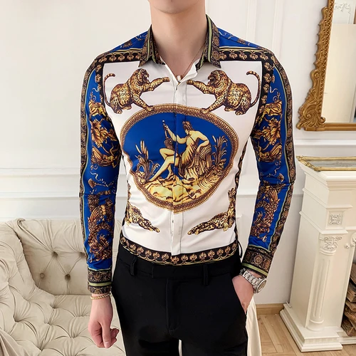 Print Shirts New Baroque Slim Fit punk style Party Club Shirt Men Camisa Homem Male Long Sleeve Shirt Oversize S-4XL - Цвет: Синий