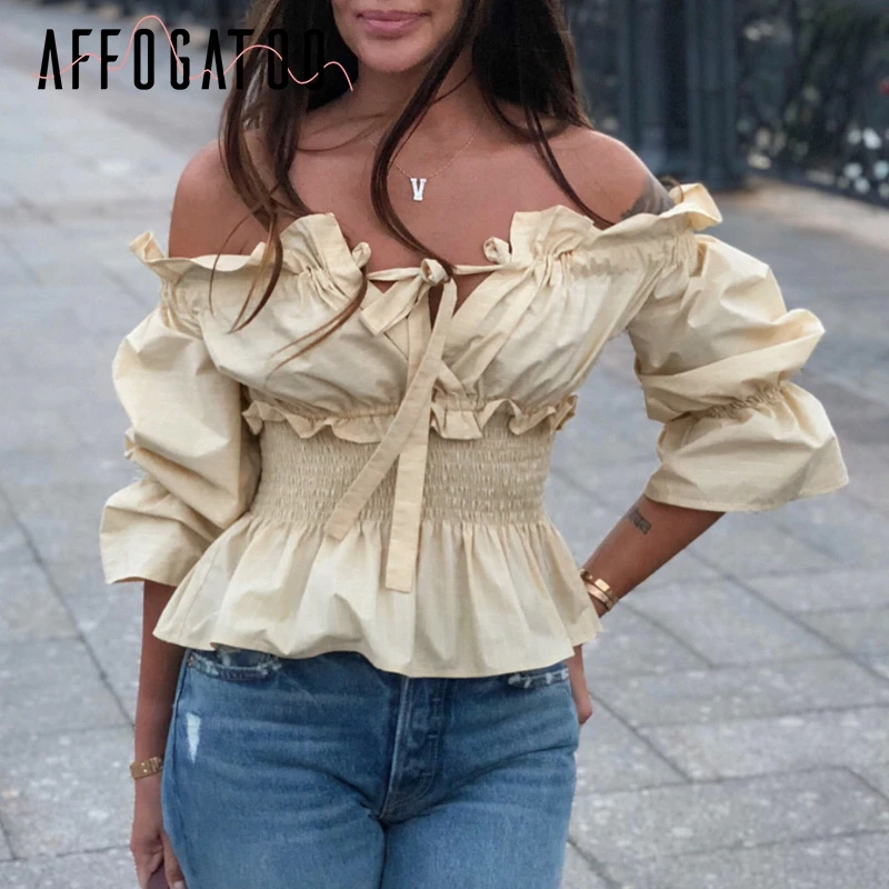 Affogatoo сексуальная slash шеи на шнуровке женская блузка рубашка эластичный высокой приталенная Блузка Хлопок Женский Топ Летняя Повседневная