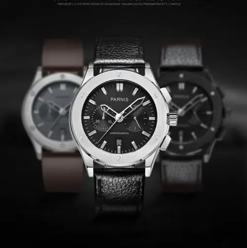 42 мм Parnis черный циферблат кожаный ремешок люксовый бренд Япония Кварцевые Мужские Хронограф Кварцевые move Мужские t часы спортивный стиль наручные часы