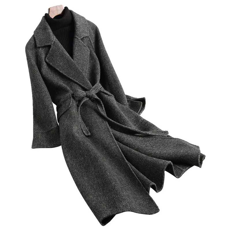 

KMETRAM 2019 Winter Coat Women Double-faced Natural Wool Coats Ladies Alpaca Slim Jacket Herringbone Pattern Long Coats MY481