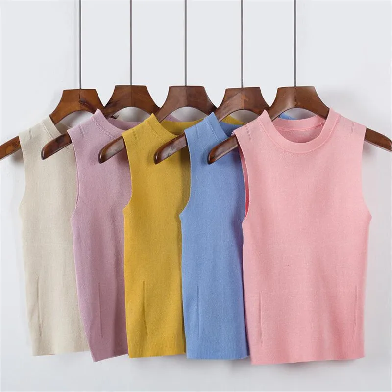 

Fashion 2019 Women Spring Autumn Thin Knit Short Vest Shirt Female O Neck Sleeveless Basic Tops Ladies Sweater Knitwear Pink