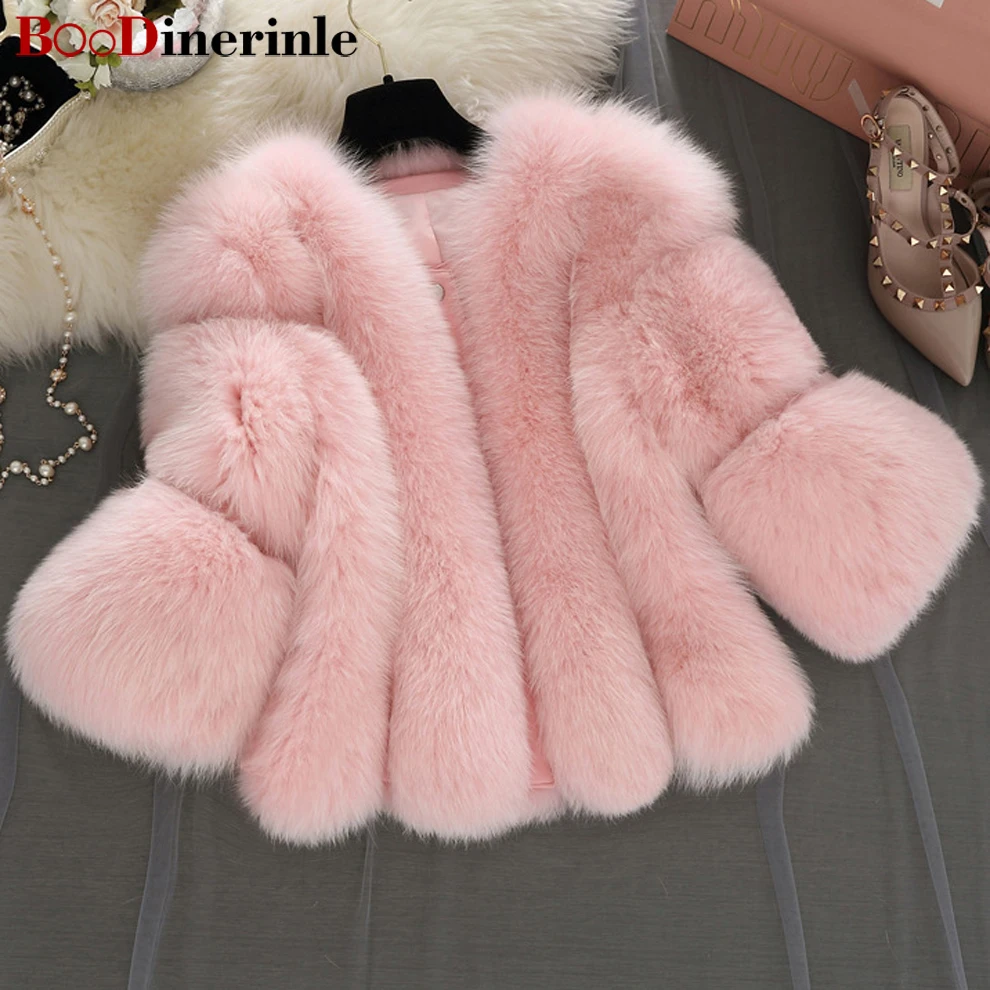 

BOoDinerinle Plus Size Women Winter Luxury Imitation Fox Fur Coat Short Paragraph Seven Sleeves Casual Warm casaco de pele PC017