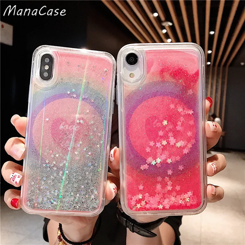 

Cute Fashion Love Peach Aurora Liquid Star Quicksand Phone Case For iPhone X XS MAX XR 6 6s 7 8 Plus For TPU Back Cover Cases