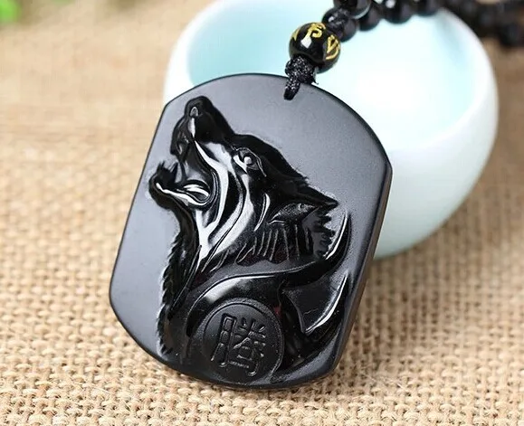 

Black Obsidian Carving Wolf Head Amulet pendant free necklace obsidian Blessing Lucky pendants fashion Jewelry