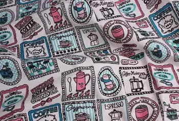 

YY DIY Vintage Brand 50x145cm Quality Coffee Stamps Printed Cotton Linen Fabric